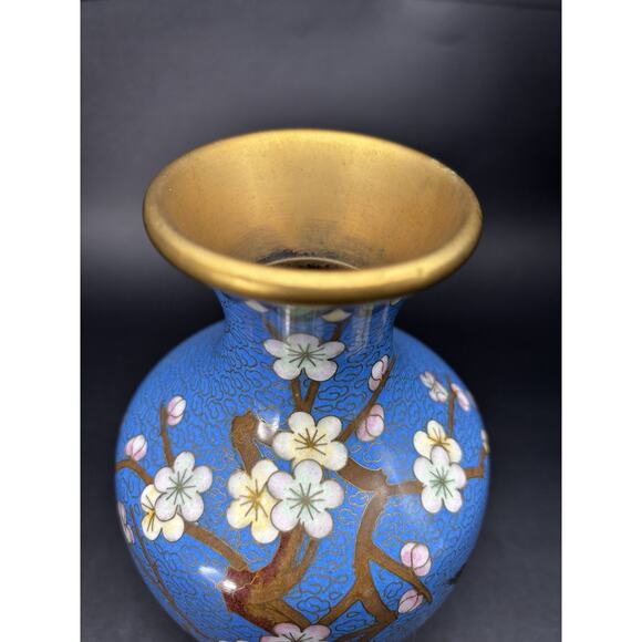 Vintage Chinese 8 1/4" BLUE CLOISONNE VASE Enamel Brass Cherry Blossom w/Bird - Picture 11 of 16